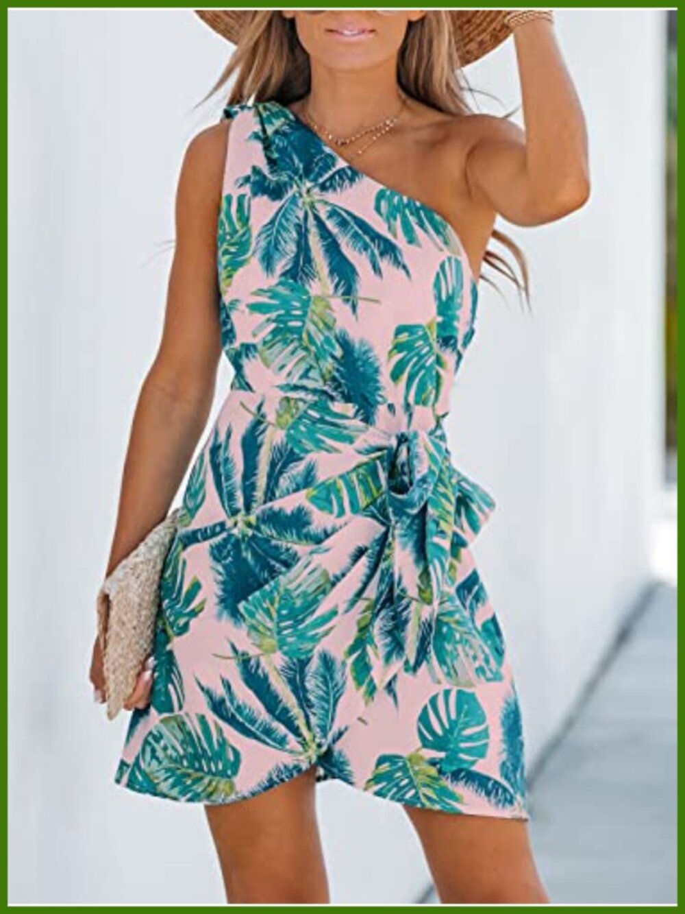 One Shoulder Tropical Leaf Print Mini Dress with Self-Tie Sash - Picture 2 of 6